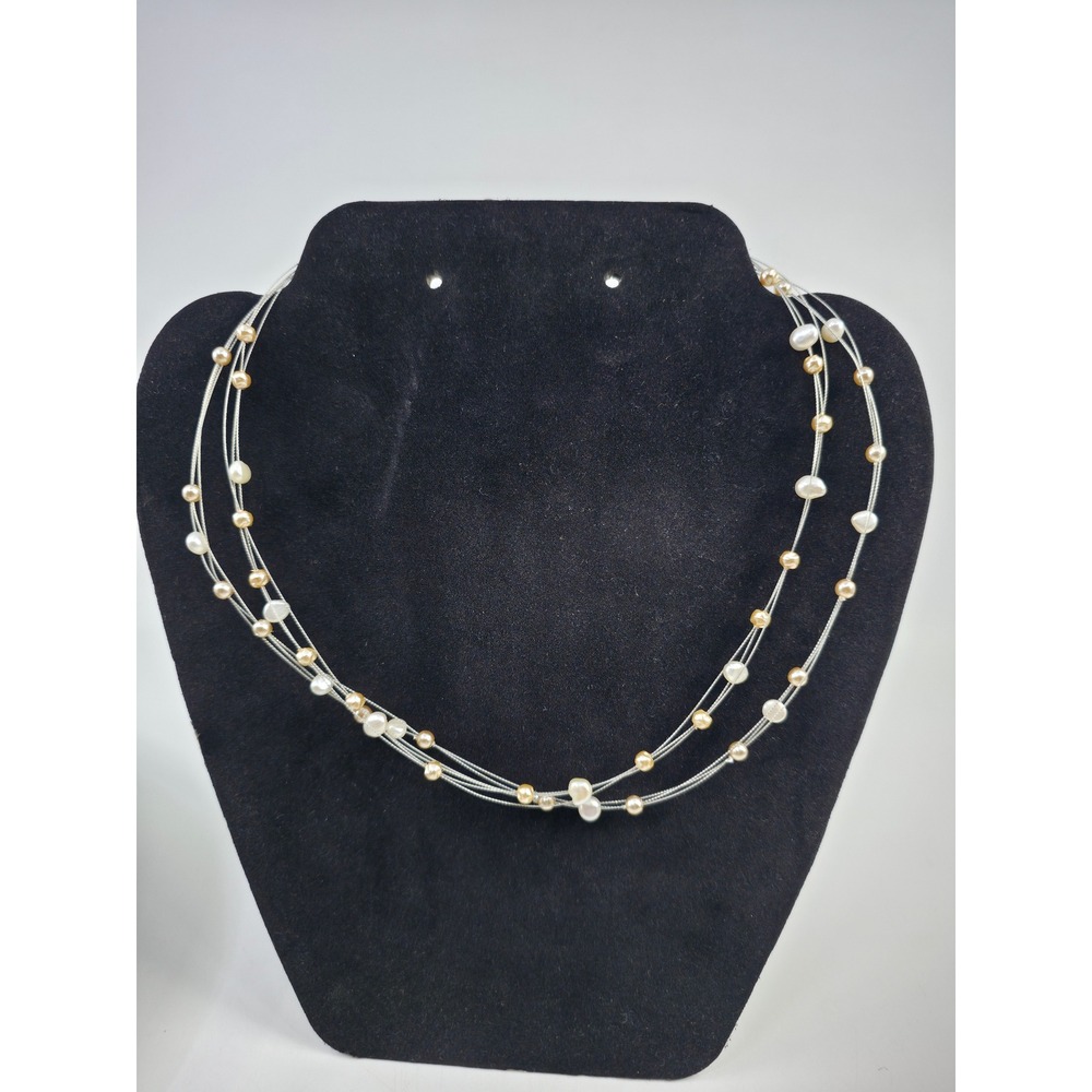Sterling Silver Floating Pearl Triple Strand Necklace Champagne Cream 16 Inch